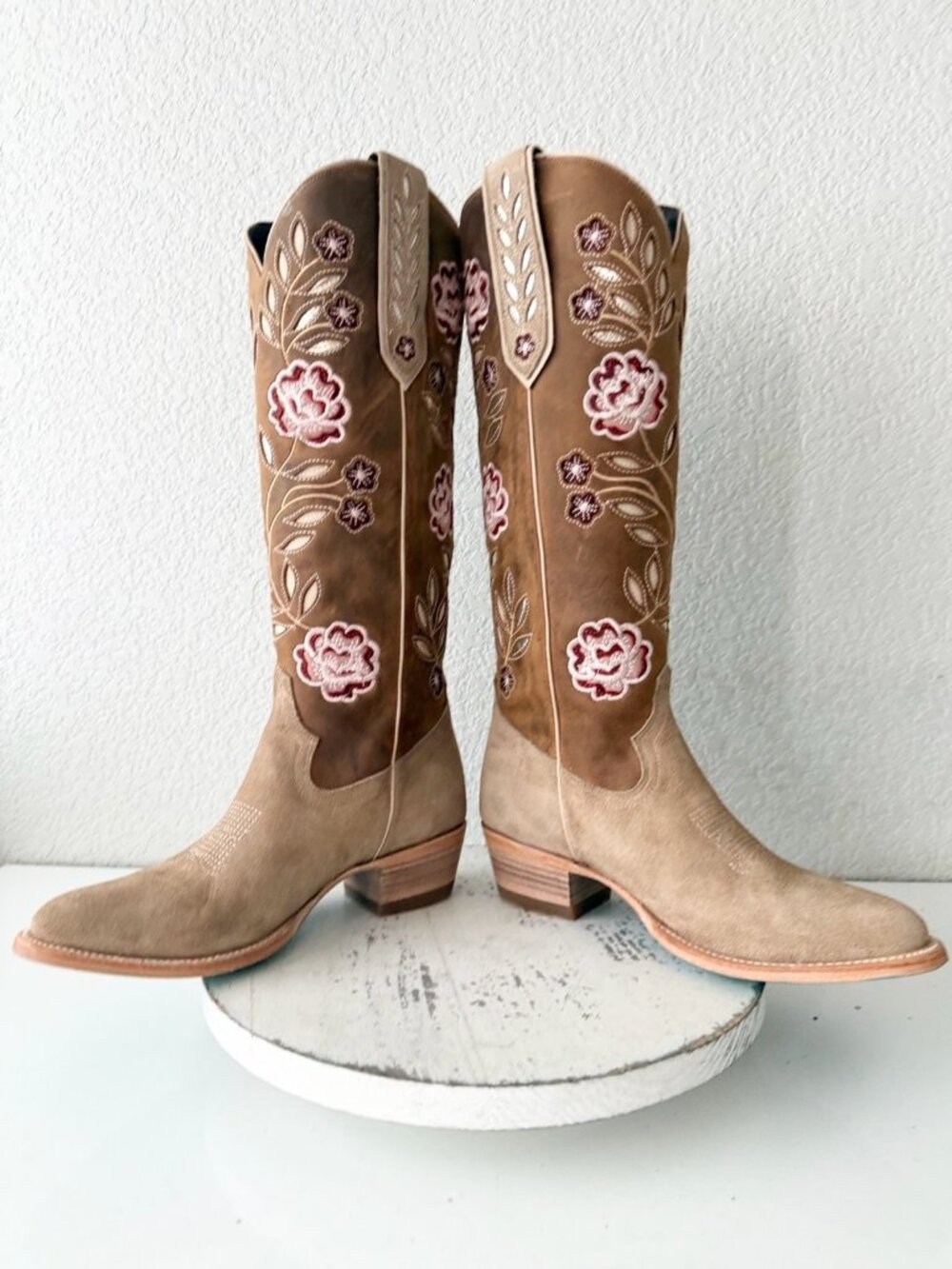 Lane KENZIE Cowboy Boots Womens 8 Latte Suede Floral Embroidery Western Tall - Picture 8 of 11